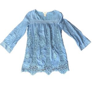 Sundance Tunic Blouse Embroidered Lace Silk Blend PS Blue
